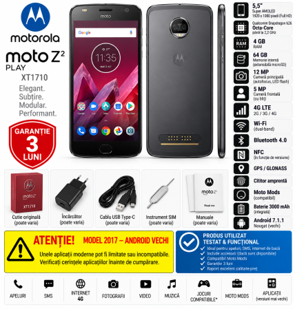 Telefoane Motorola - Telefon Motorola Moto Z2 Play XT1710 64GB 4GB RAM 4G LTE – Utilizat – Garanție