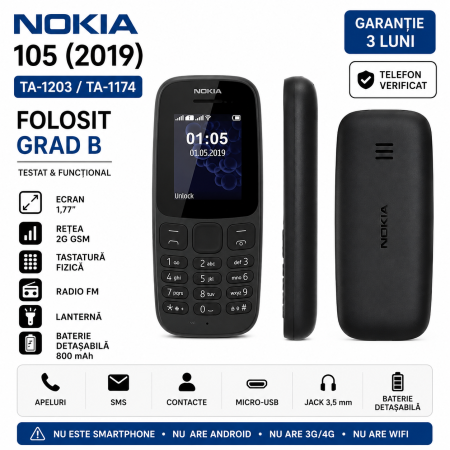 Telefoane Nokia - Telefon Nokia 105 TA-1203 TA-1174 din 2019 folosit