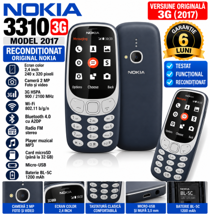 Telefoane Nokia - Telefon Nokia 3310 albastru reconditionat versiunea 3G