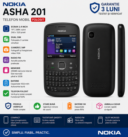 Telefoane Nokia - Telefon Nokia Asha 201 folosit negru