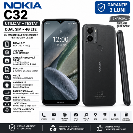 Telefoane mobile - Telefon Mobil Nokia C32 Dual SIM 64GB 3GB RAM Charcoal – Utilizat – Garanție 3 Luni