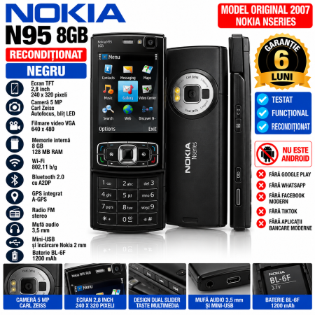 Telefoane Nokia - Telefon Nokia N95 8GB negru reconditionat