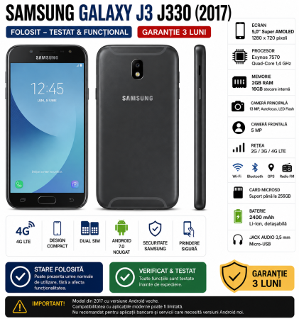 Telefoane Realme - Telefon Samsung Galaxy J3 J330 (2017) 16GB 4G – Folosit – Garanție 3 Luni