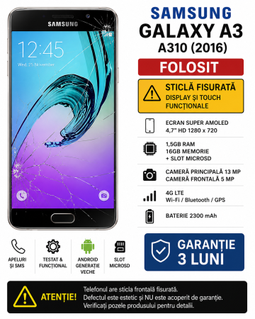 Telefoane Realme - Telefon Samsung Galaxy A3 A310 (2016) 16GB 4G – Folosit – Sticlă Fisurată – Garanție 3 Luni