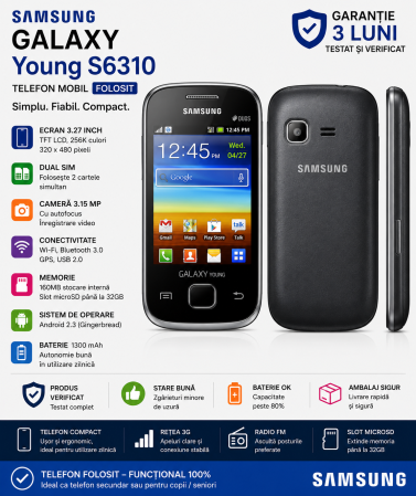 Telefoane Samsung - Telefon Samsung Galaxy Young S6310 folosit cu garantie