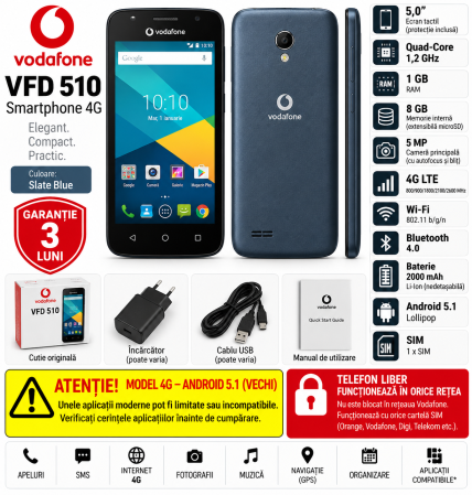 Telefoane Alcatel - Telefon Vodafone VFD 510 5" 4G LTE 8GB Slate Blue – Utilizat – Garanție