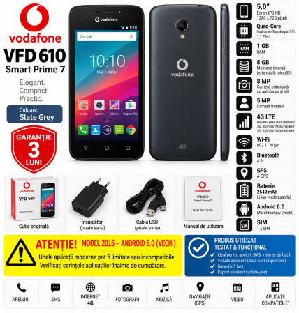Telefoane Alcatel - Telefon Vodafone VFD 610 Smart Prime 7 5" 4G LTE 8GB – Utilizat – Garanție