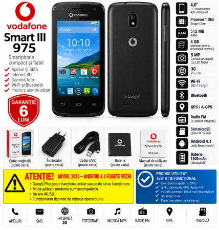 Telefoane Alcatel - Telefon Vodafone Smart III 975 4" 3G Android – Utilizat – Garanție 6 Luni