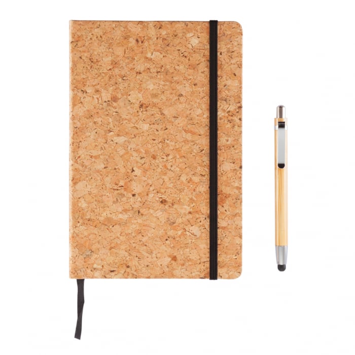 Agenda A5 ECO coperta pluta cu dictando crem si pix din bambus cu stylus, personalizabila. [6]