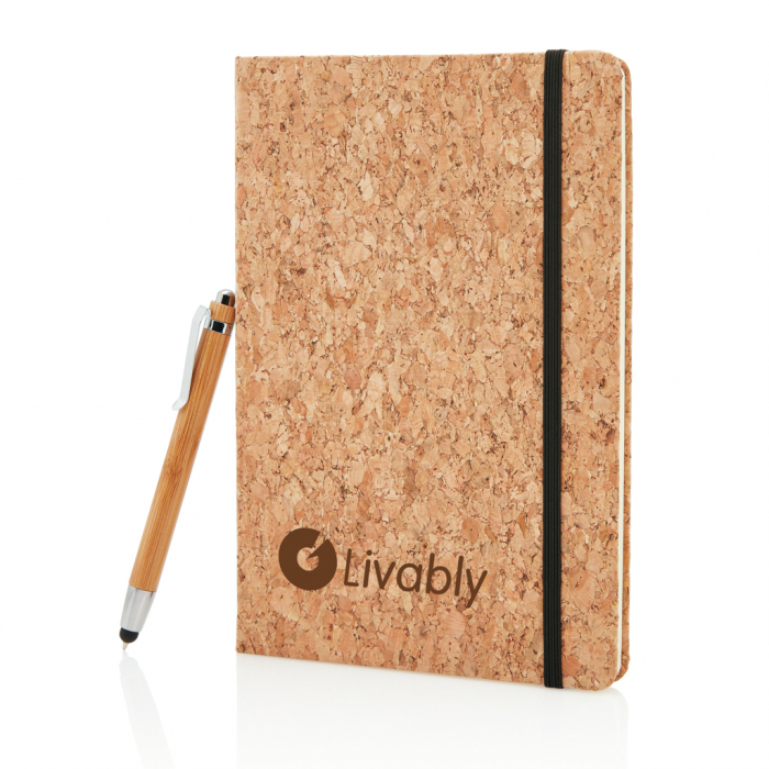 Agenda A5 ECO coperta pluta cu dictando crem si pix din bambus cu stylus, personalizabila. [9]