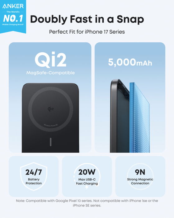 Powerbank magnetic Anker Nano MagGo 5000 mAh, Qi2 15W, USB-C 20W, ultra-subtire [5]