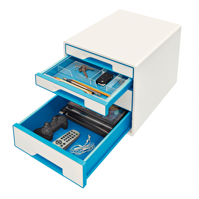 Cabinet cu 4 sertare Leitz WOW cu tavita organizare, alb-albastru [3]