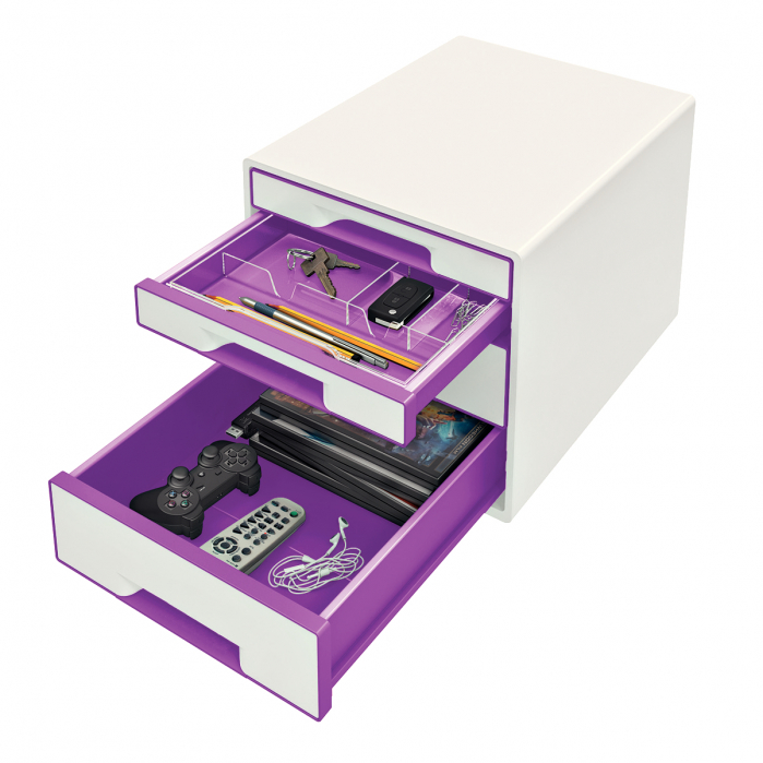 Cabinet cu 4 sertare Leitz WOW cu tavita organizare, alb-mov [3]