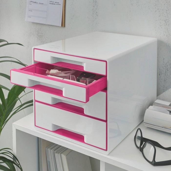 Cabinet cu 4 sertare Leitz WOW cu tavita organizare, alb-roz [2]