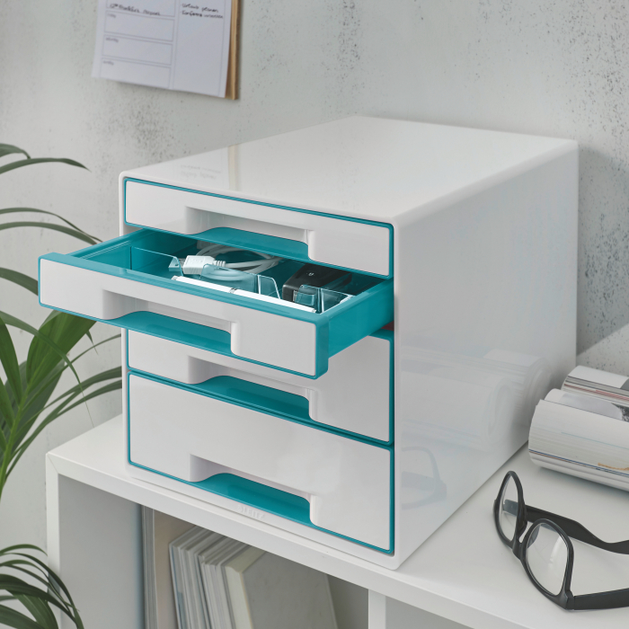 Cabinet cu 4 sertare Leitz WOW cu tavita organizare, alb-turcoaz [2]