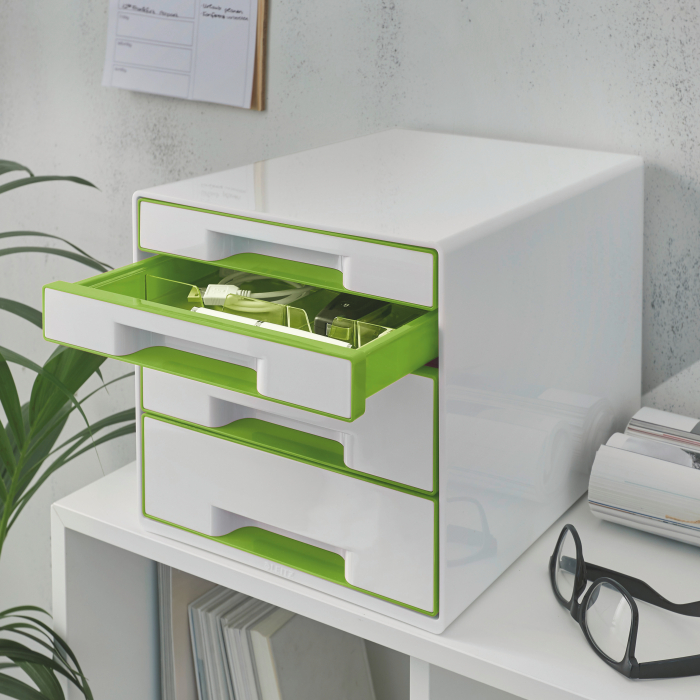 Cabinet cu 4 sertare Leitz WOW cu tavita organizare, alb-verde [2]