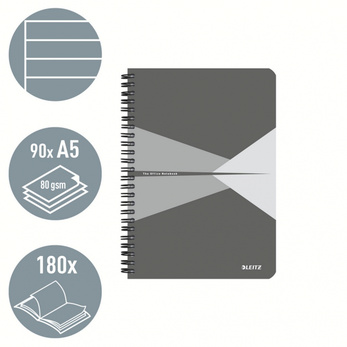 Caiet de birou Leitz Office, carton laminat, certificare FSC, reciclabil, A5, 90 coli, cu spira, dictando, gri [2]