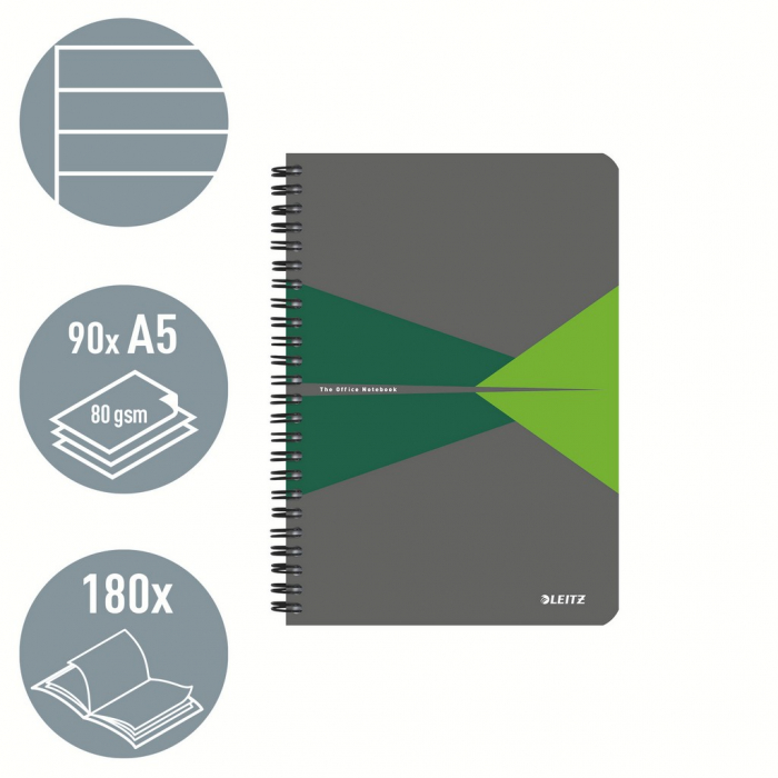 Caiet de birou Leitz Office, carton laminat, certificare FSC, reciclabil, A5, 90 coli, cu spira, dictando, verde [2]