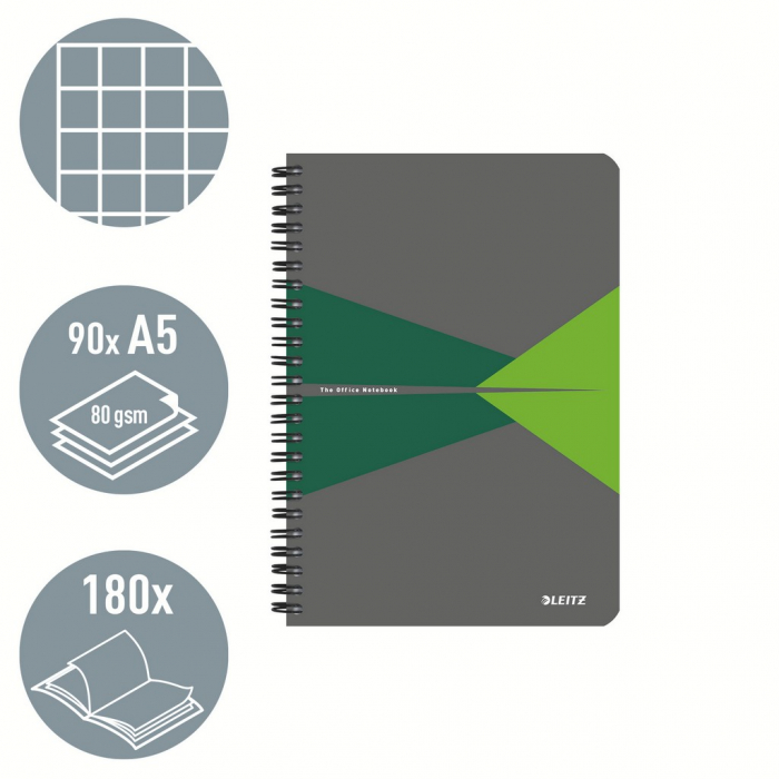 Caiet de birou Leitz Office, carton laminat, certificare FSC, reciclabil, A5, 90 coli, cu spira, matematica, verde [2]
