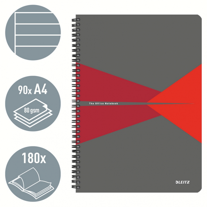 Caiet de birou Leitz Office, PP, certificare FSC, reciclabil, A4, 90 coli, cu spira, dictando, rosu [2]
