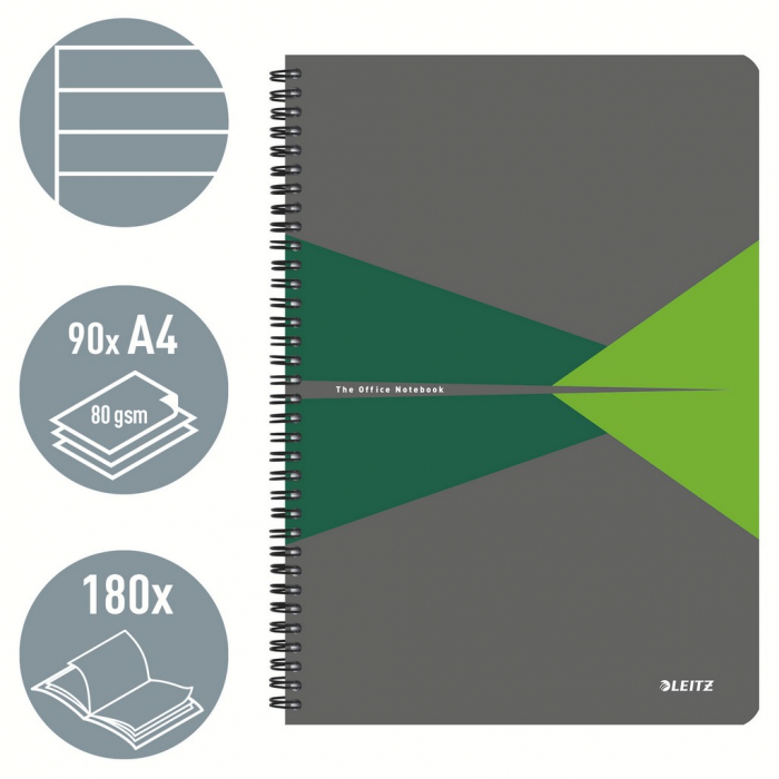 Caiet de birou Leitz Office, PP, certificare FSC, reciclabil, A4, 90 coli, cu spira, dictando, verde [2]