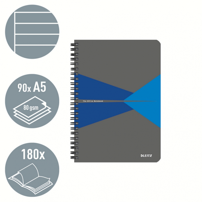 Caiet de birou Leitz Office, PP, certificare FSC, reciclabil, A5, 90 coli, cu spira, dictando, albastru [2]