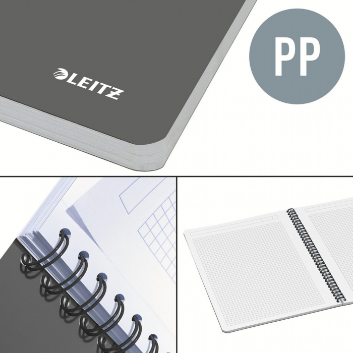 Caiet de birou Leitz Office, PP, certificare FSC, reciclabil, A5, 90 coli, cu spira, matematica, albastru [4]