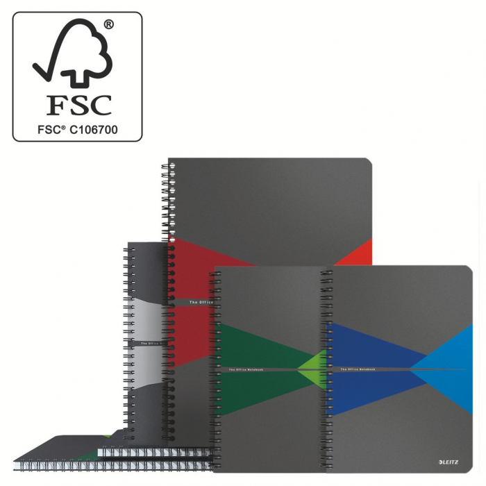 Caiet de birou Leitz Office, PP, certificare FSC, reciclabil, A5, 90 coli, cu spira, matematica, albastru [7]