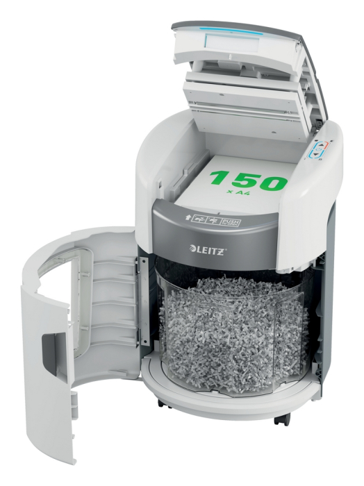 Distrugator documente automat Leitz OptiMax Home Office, P4, cross-cut (confeti), 150 coli, cos 15L, alb-gri [2]