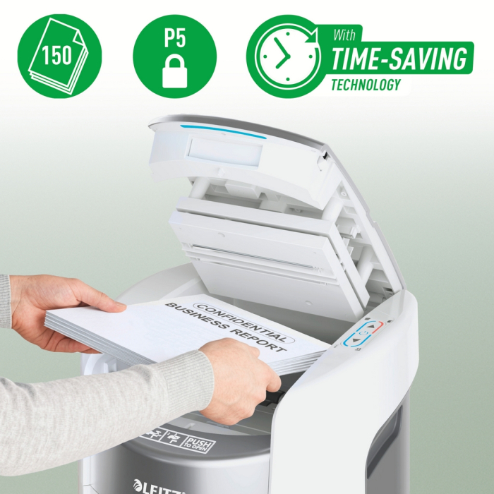 Distrugator documente automat Leitz OptiMax Home Office, P5, micro-cut (particule), 150 coli, cos 15L, alb-gri [2]