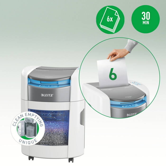 Distrugator documente automat Leitz OptiMax Home Office, P5, micro-cut (particule), 150 coli, cos 15L, alb-gri [6]