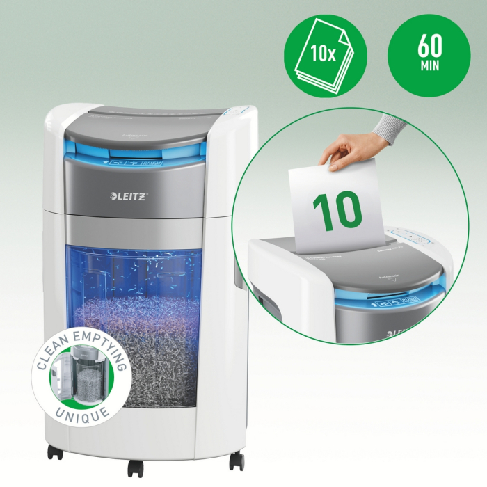 Distrugator documente automat Leitz OptiMax Office, P4, cross-cut (confeti), 300 coli, cos 25L alb-gri [6]