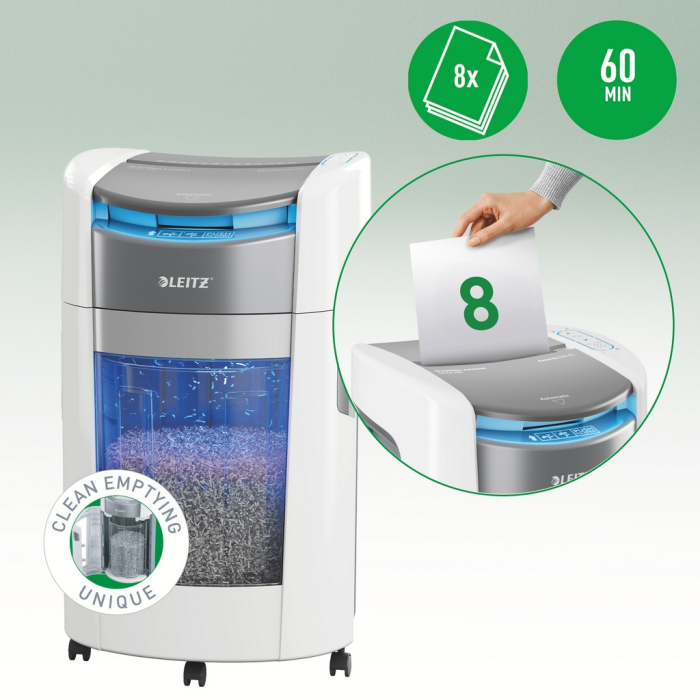 Distrugator documente automat Leitz OptiMax Office, P5, micro-cut (particule), 300 coli, cos 25L alb-gri [6]