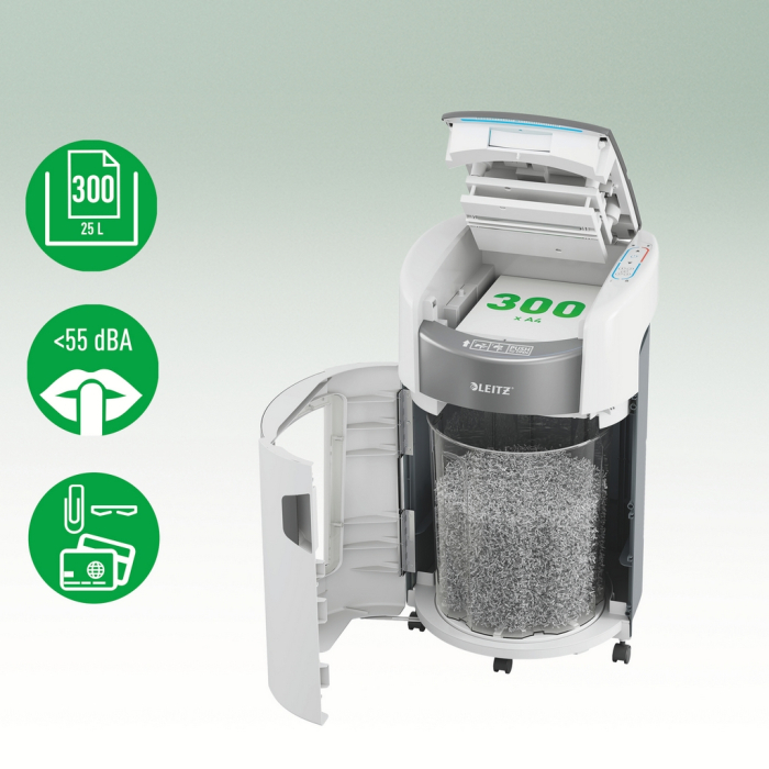 Distrugator documente automat Leitz OptiMax Office, P5, micro-cut (particule), 300 coli, cos 25L alb-gri [4]