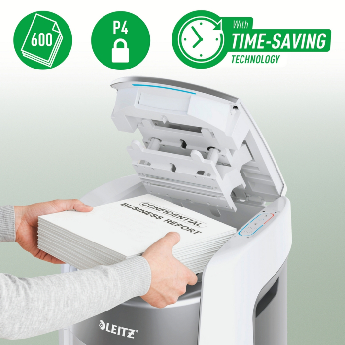 Distrugator documente automat Leitz OptiMax Office Pro, P4, cross-cut (confeti), 600 coli, cos 50L, alb-gri [2]