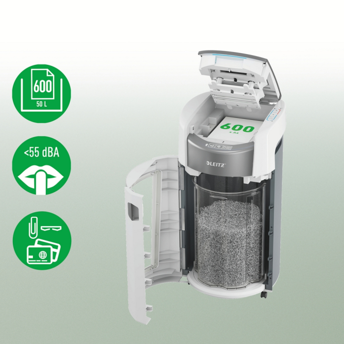 Distrugator documente automat Leitz OptiMax Office Pro, P4, cross-cut (confeti), 600 coli, cos 50L, alb-gri [4]