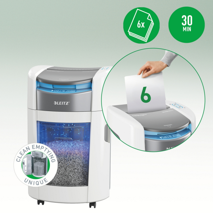 Distrugator documente automat Leitz OptiMax Small Office, P5, micro-cut (particule), 200 coli, cos 21L, alb-gri [6]
