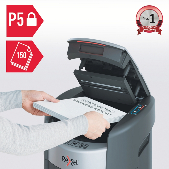 Distrugator documente automat REXEL SHREDMAX 150M, P5, micro-cut (particule), 150 coli, cos 15L, negru-gri [2]