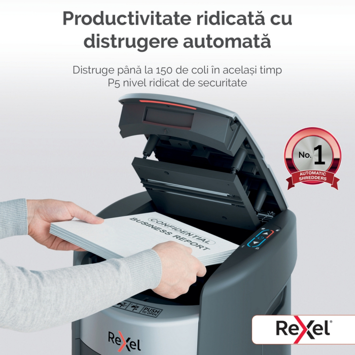 Distrugator documente automat REXEL SHREDMAX 150M, P5, micro-cut (particule), 150 coli, cos 15L, negru-gri [9]