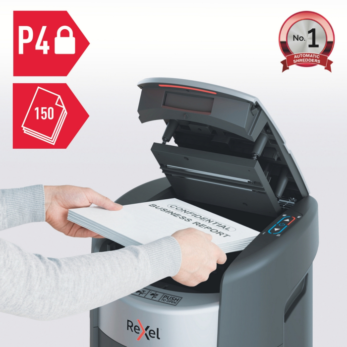 Distrugator documente automat REXEL SHREDMAX 150X, P4, cross-cut (confeti), 150 coli, cos 15L, negru-gri [2]