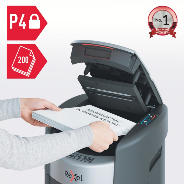 Distrugator documente automat REXEL SHREDMAX 200X, P4, cross-cut (confeti), 200 coli, cos 21L, negru-gri [2]