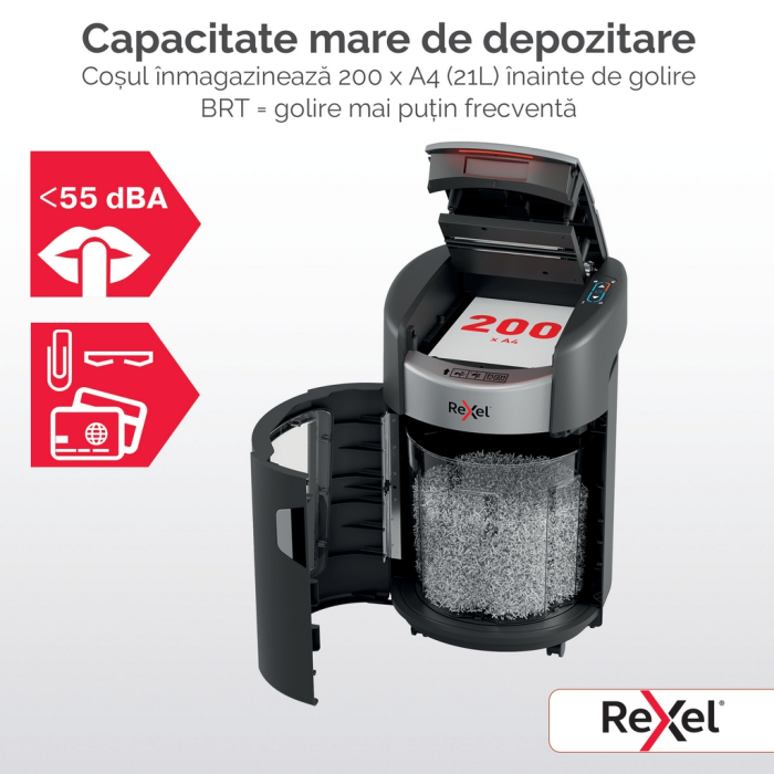 Distrugator documente automat REXEL SHREDMAX 200X, P4, cross-cut (confeti), 200 coli, cos 21L, negru-gri [14]