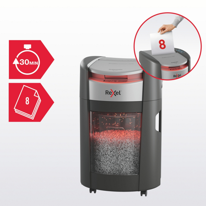 Distrugator documente automat REXEL SHREDMAX 200X, P4, cross-cut (confeti), 200 coli, cos 21L, negru-gri [6]