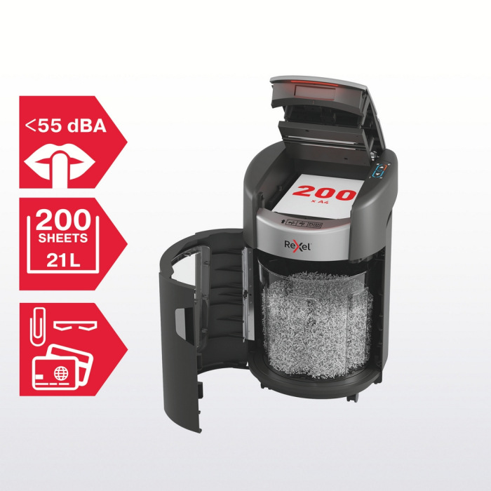 Distrugator documente automat REXEL SHREDMAX 200X, P4, cross-cut (confeti), 200 coli, cos 21L, negru-gri [4]