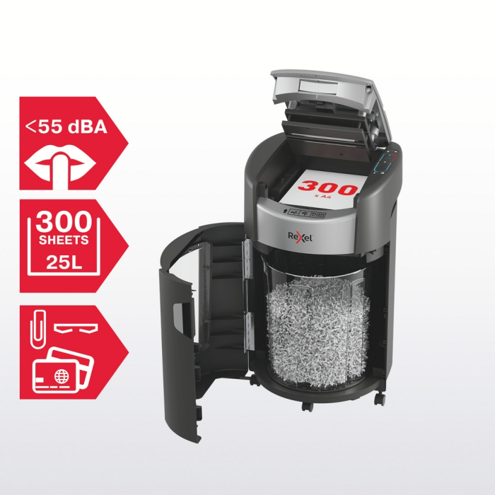 Distrugator documente automat REXEL SHREDMAX 300M, P5, micro-cut (particule), 300 coli, cos 25L negru- gri [4]