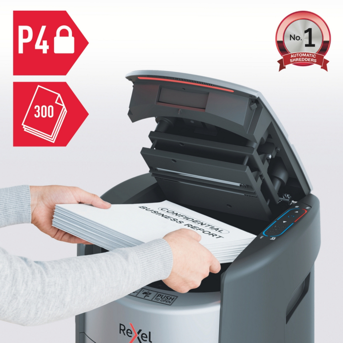 Distrugator documente automat REXEL SHREDMAX 300X, P4, cross-cut (confeti), 300 coli, cos 25L, negru- gri [2]