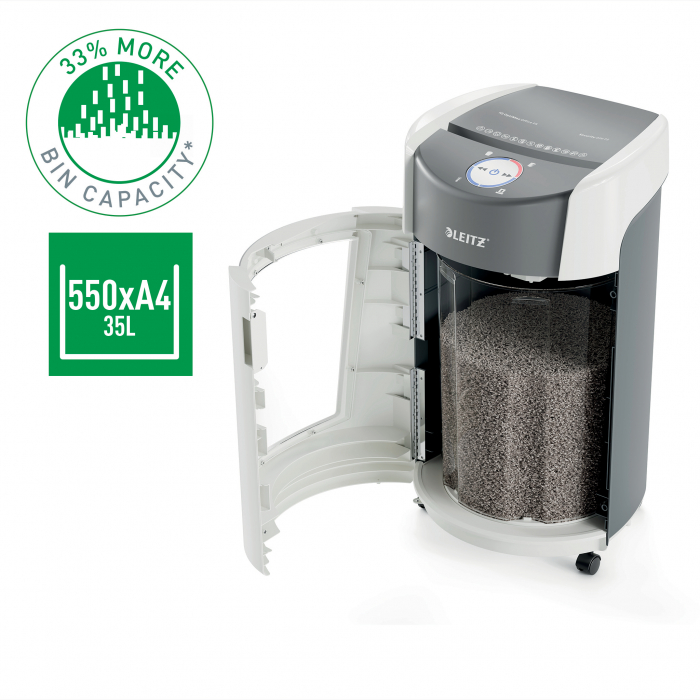 Distrugator documente manual Leitz IQ OptiMax Office, P5, micro-cut (particule), 10 coli, cos 35l, alb-gri [2]