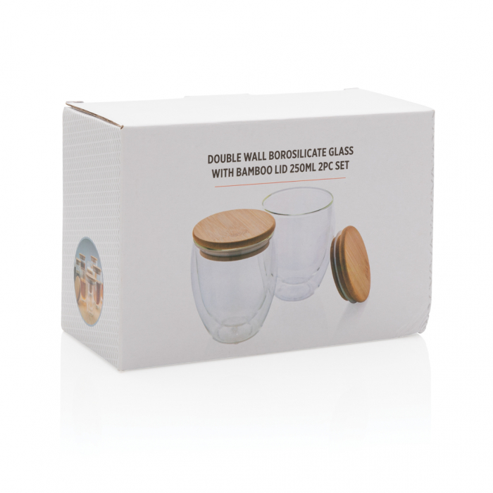Set 2 pahare cu perete dublu din sticla borosilicata cu capac bambus, 250ml [12]