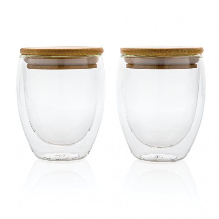 Set 2 pahare cu perete dublu din sticla borosilicata cu capac bambus, 250ml [3]