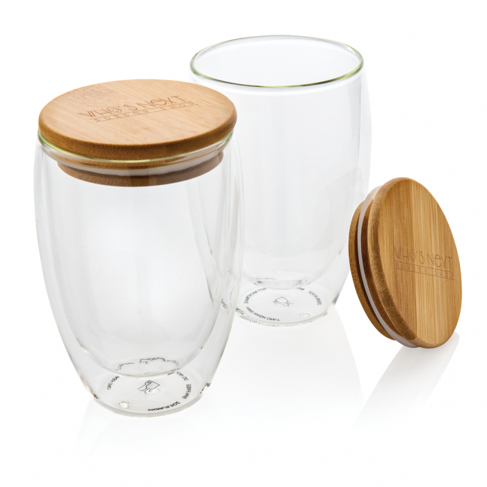 Set 2 pahare cu perete dublu din sticla borosilicata cu capac bambus, 350ml [6]